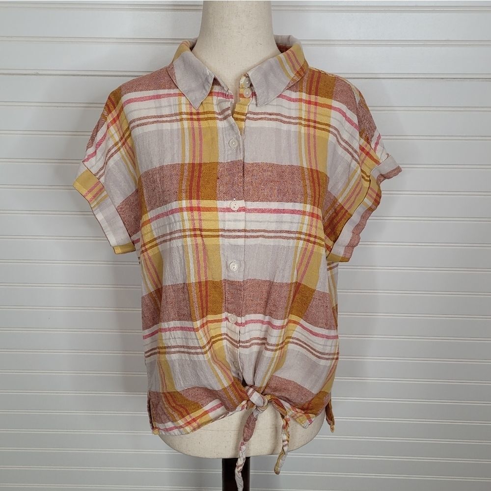 Plaid Button-Up Tie-Front Top